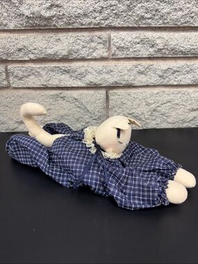 Handmade Folk Art Plush Cat Doll in Blue Plaid Dress